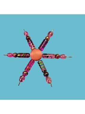 Christmas Ornament Star Handmade Beaded Pink Orange Button Suncatcher 3 Inch